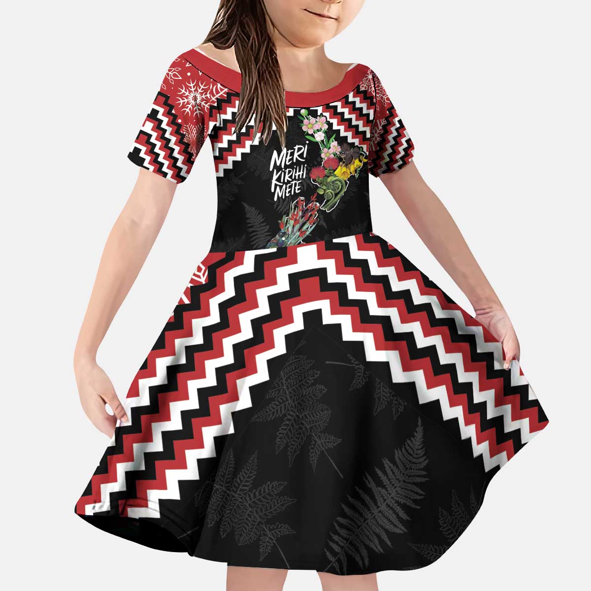 New Zealand Christmas Taniko Poutama Kid Short Sleeve Dress Flora Map with Birds LT7 KID Red - Polynesian Pride