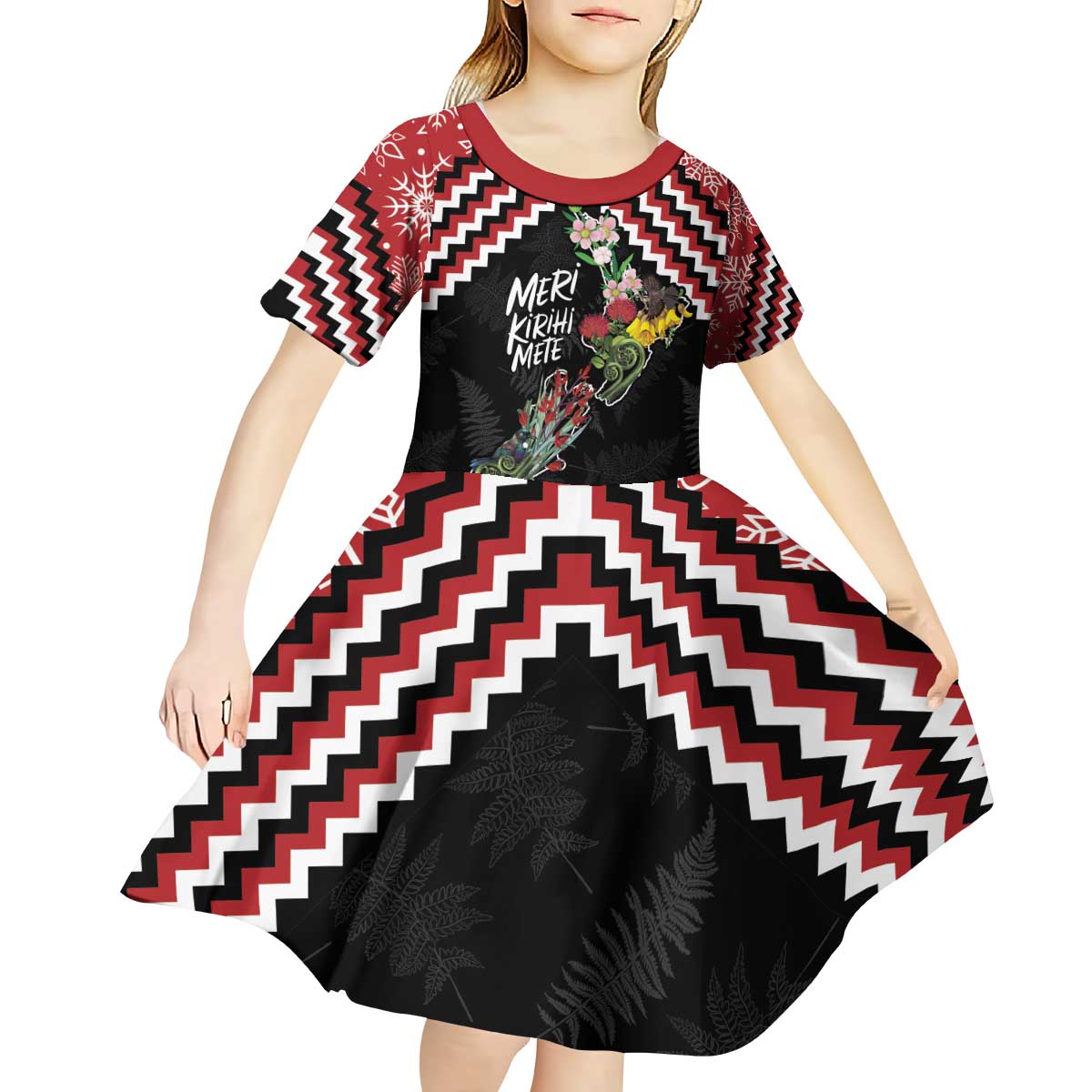 New Zealand Christmas Taniko Poutama Kid Short Sleeve Dress Flora Map with Birds LT7 - Polynesian Pride