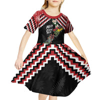 New Zealand Christmas Taniko Poutama Kid Short Sleeve Dress Flora Map with Birds LT7 - Polynesian Pride