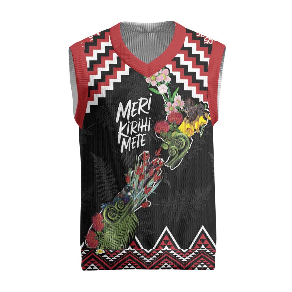 New Zealand Christmas Taniko Poutama Christmas Knitted V-Neck Vest Flora Map with Birds LT7 Red - Polynesian Pride