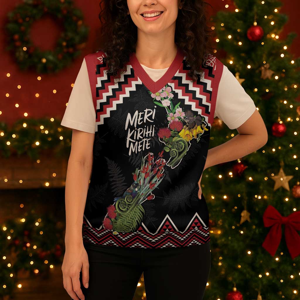 New Zealand Christmas Taniko Poutama Christmas Knitted V-Neck Vest Flora Map with Birds LT7 - Polynesian Pride