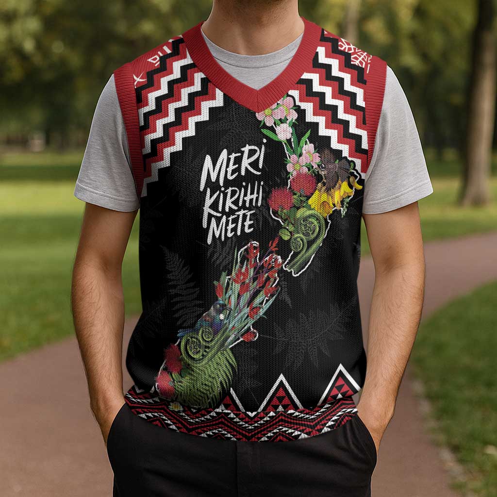 New Zealand Christmas Taniko Poutama Christmas Knitted V-Neck Vest Flora Map with Birds LT7 - Polynesian Pride