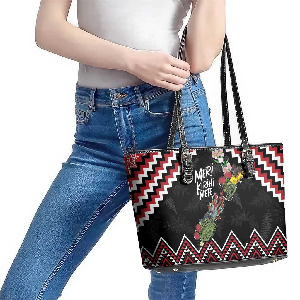 New Zealand Christmas Taniko Poutama Leather Tote Bag Flora Map with Birds - Polynesian Pride