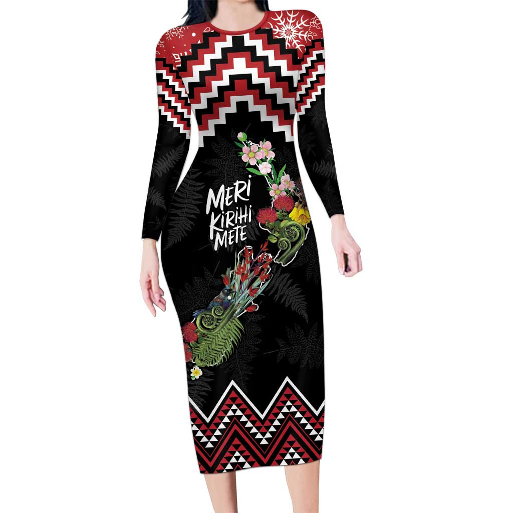 New Zealand Christmas Taniko Poutama Long Sleeve Bodycon Dress Flora Map with Birds LT7 Long Dress Red - Polynesian Pride
