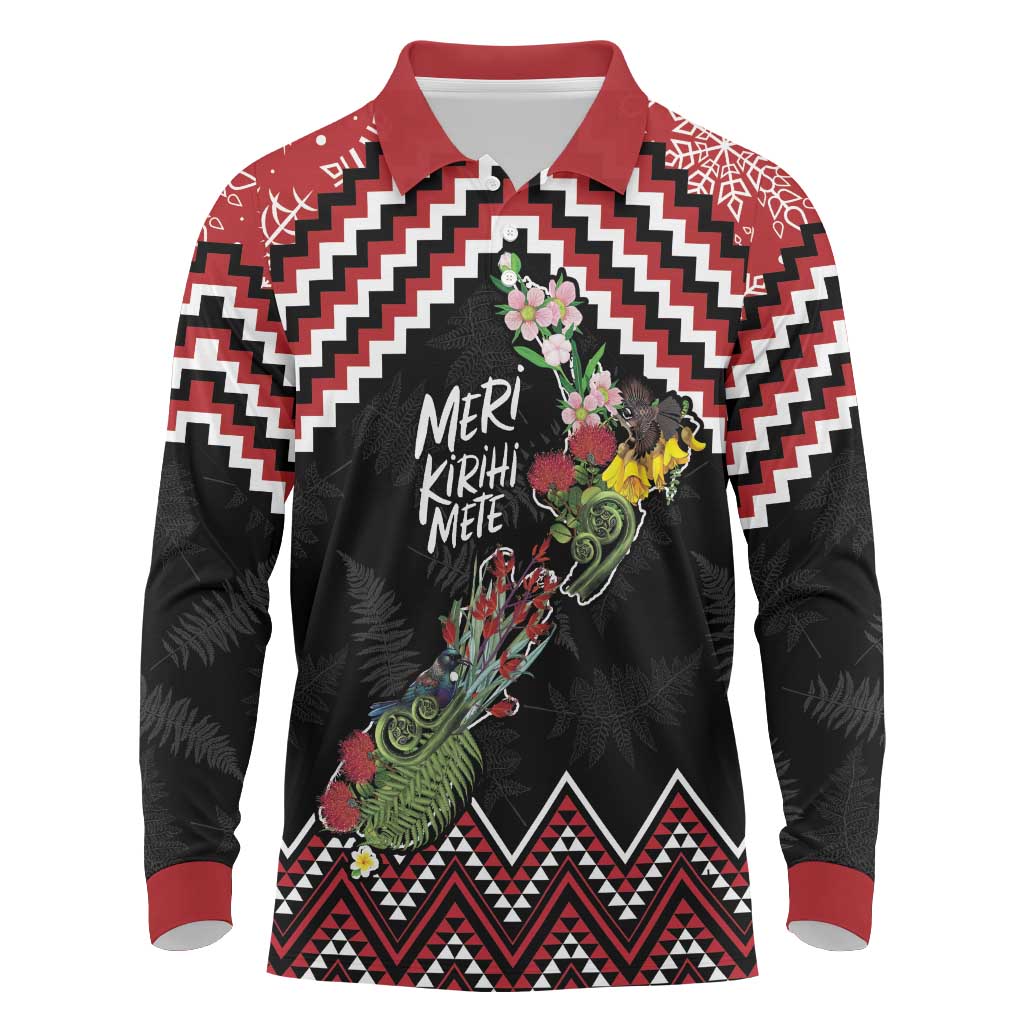New Zealand Christmas Taniko Poutama Long Sleeve Polo Shirt Flora Map with Birds LT7 Red - Polynesian Pride