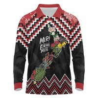 New Zealand Christmas Taniko Poutama Long Sleeve Polo Shirt Flora Map with Birds LT7 Red - Polynesian Pride