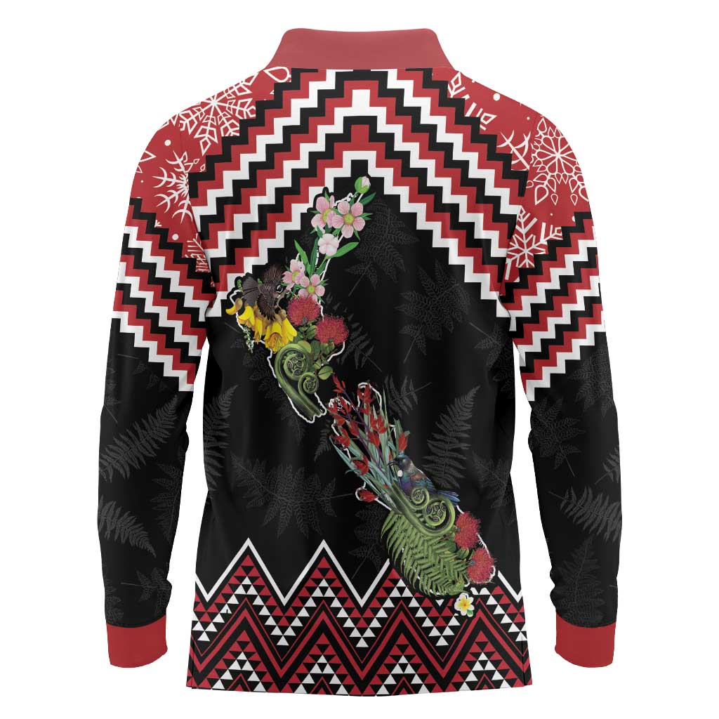 New Zealand Christmas Taniko Poutama Long Sleeve Polo Shirt Flora Map with Birds LT7 - Polynesian Pride