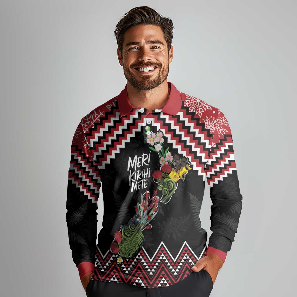 New Zealand Christmas Taniko Poutama Long Sleeve Polo Shirt Flora Map with Birds LT7 - Polynesian Pride