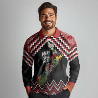 New Zealand Christmas Taniko Poutama Long Sleeve Polo Shirt Flora Map with Birds LT7 - Polynesian Pride
