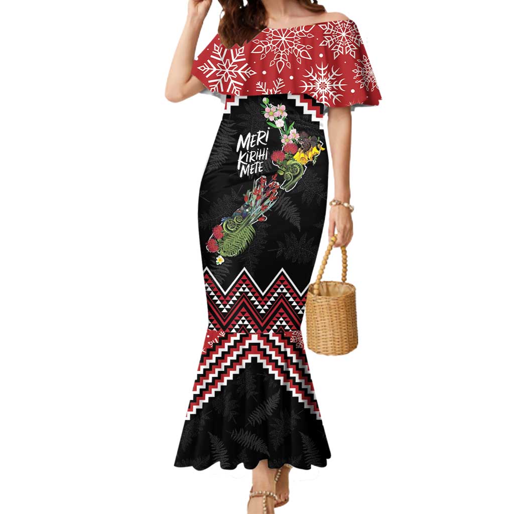 New Zealand Christmas Taniko Poutama Mermaid Dress Flora Map with Birds LT7 Women Red - Polynesian Pride
