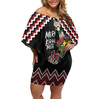 New Zealand Christmas Taniko Poutama Off Shoulder Short Dress Flora Map with Birds LT7 Women Red - Polynesian Pride