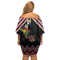 New Zealand Christmas Taniko Poutama Off Shoulder Short Dress Flora Map with Birds LT7 - Polynesian Pride
