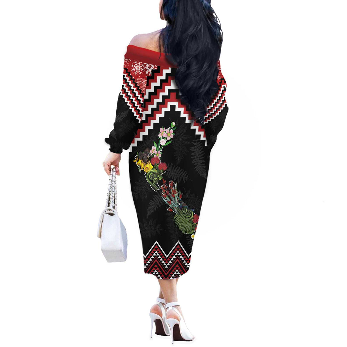 New Zealand Christmas Taniko Poutama Off The Shoulder Long Sleeve Dress Flora Map with Birds LT7 - Polynesian Pride