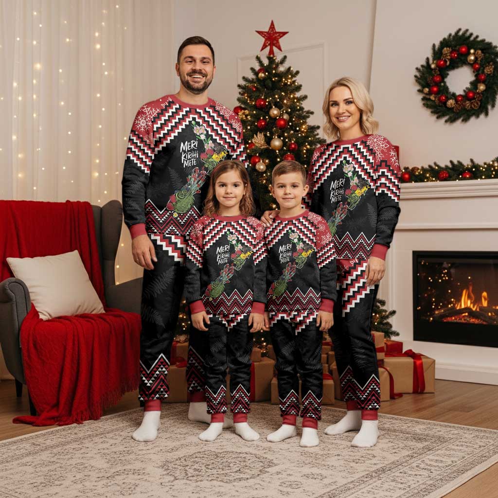 New Zealand Christmas Taniko Poutama Christmas Pajama Set Flora Map with Birds - Polynesian Pride