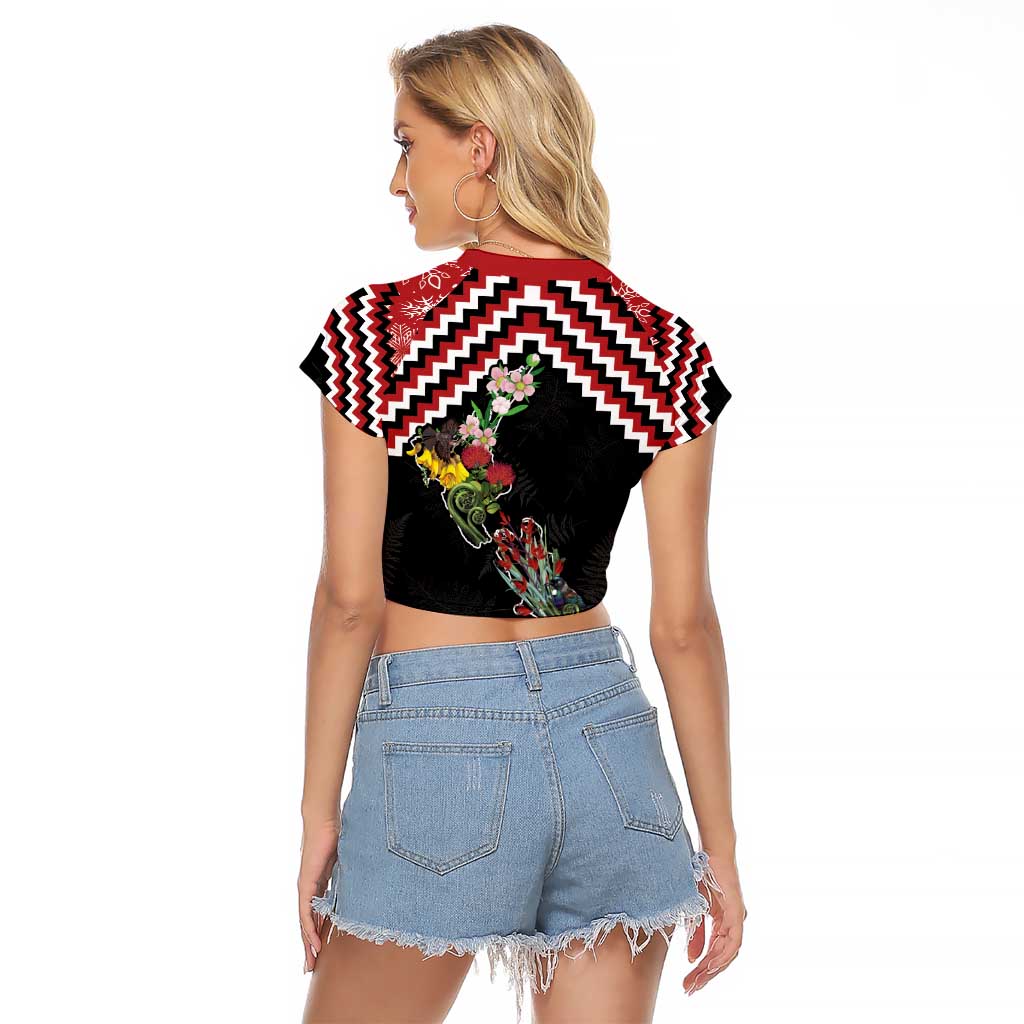 New Zealand Christmas Taniko Poutama Raglan Cropped T Shirt Flora Map with Birds LT7 - Polynesian Pride