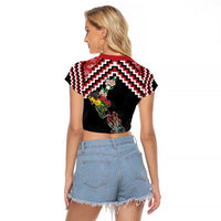 New Zealand Christmas Taniko Poutama Raglan Cropped T Shirt Flora Map with Birds LT7 - Polynesian Pride