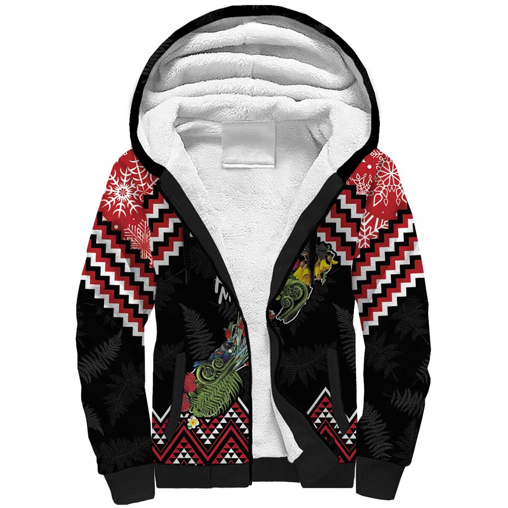 New Zealand Christmas Taniko Poutama Sherpa Hoodie Flora Map with Birds LT7 Unisex Red - Polynesian Pride