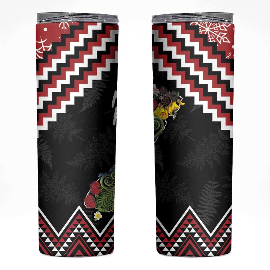 New Zealand Christmas Taniko Poutama Skinny Tumbler Flora Map with Birds LT7 Red - Polynesian Pride
