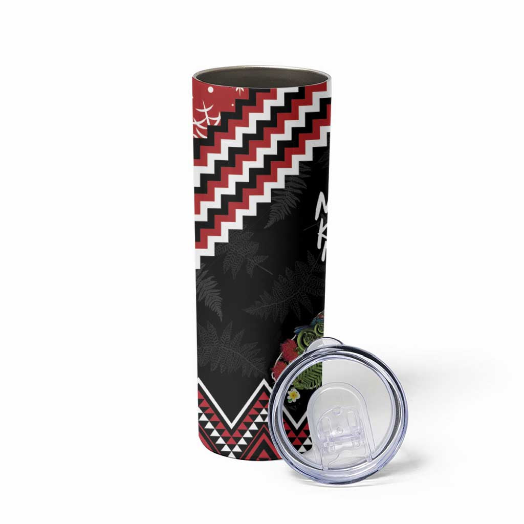 New Zealand Christmas Taniko Poutama Skinny Tumbler Flora Map with Birds LT7 - Polynesian Pride