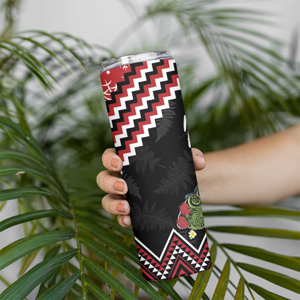 New Zealand Christmas Taniko Poutama Skinny Tumbler Flora Map with Birds LT7 - Polynesian Pride
