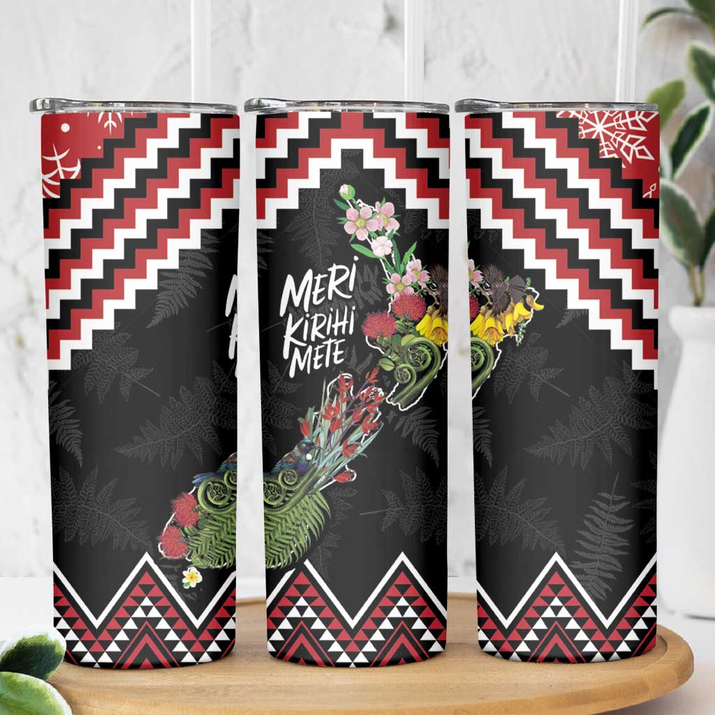 New Zealand Christmas Taniko Poutama Skinny Tumbler Flora Map with Birds LT7 - Polynesian Pride