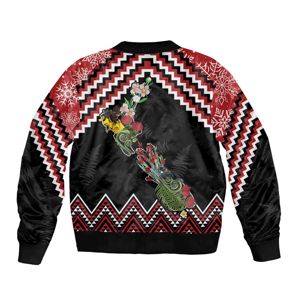 New Zealand Christmas Taniko Poutama Sleeve Zip Bomber Jacket Flora Map with Birds - Polynesian Pride