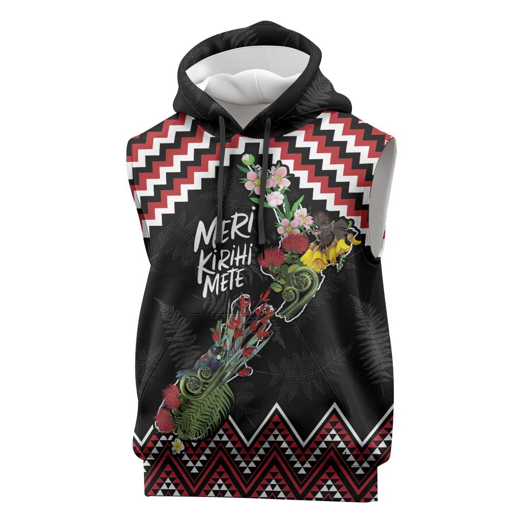 New Zealand Christmas Taniko Poutama Sleeveless Hoodie Flora Map with Birds LT7 Red - Polynesian Pride