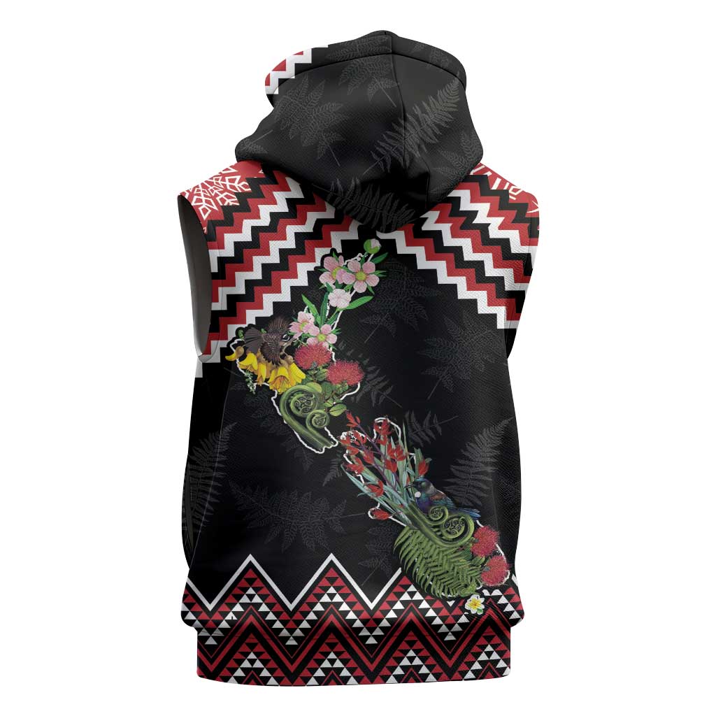 New Zealand Christmas Taniko Poutama Sleeveless Hoodie Flora Map with Birds LT7 - Polynesian Pride