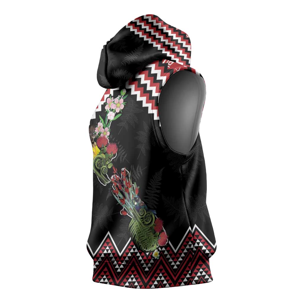 New Zealand Christmas Taniko Poutama Sleeveless Hoodie Flora Map with Birds LT7 - Polynesian Pride