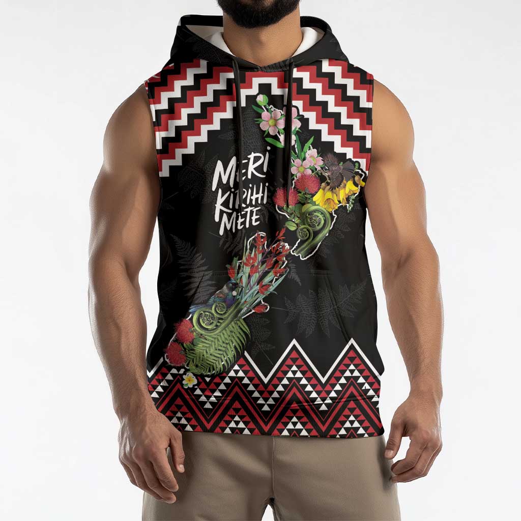 New Zealand Christmas Taniko Poutama Sleeveless Hoodie Flora Map with Birds LT7 - Polynesian Pride