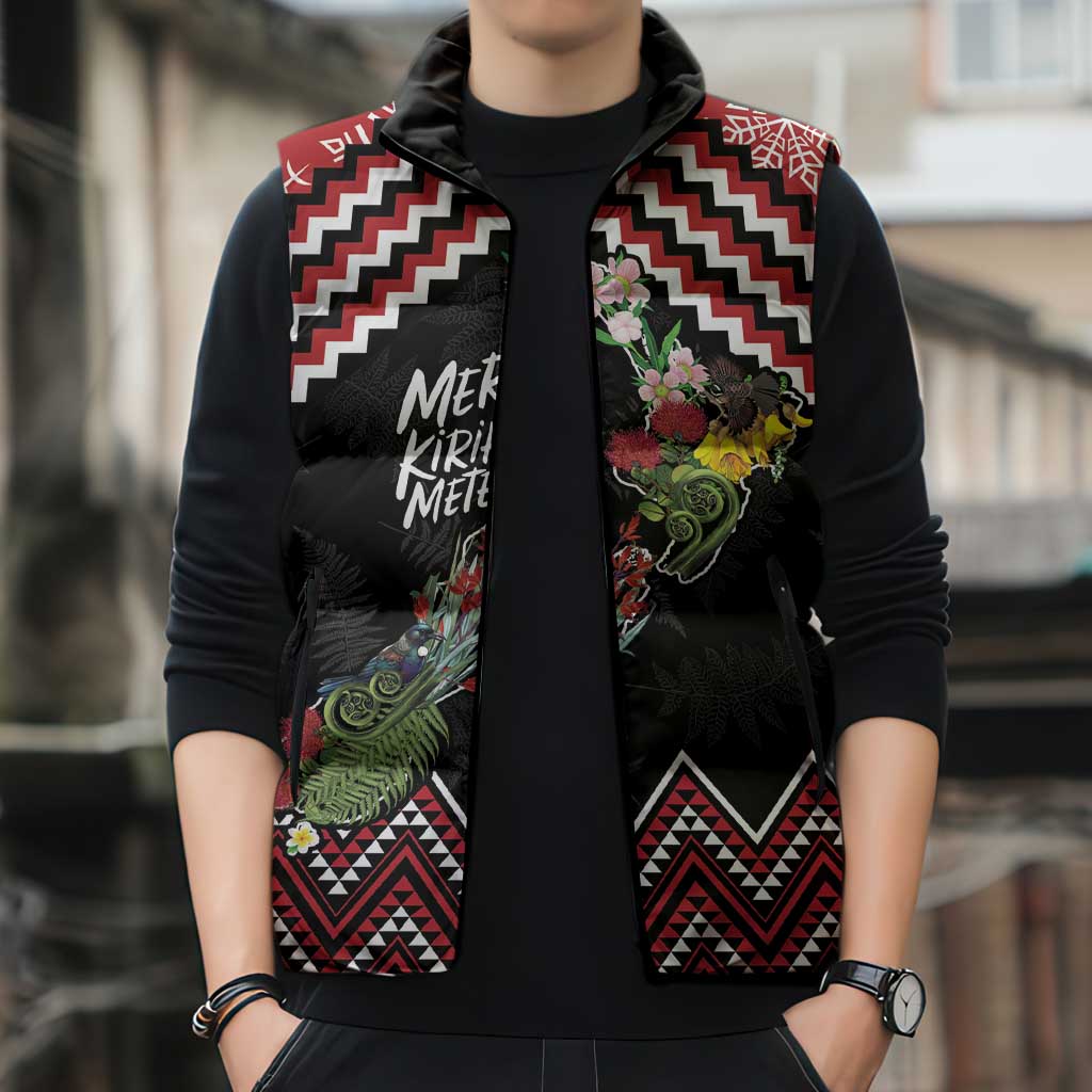 New Zealand Christmas Taniko Poutama Sleeveless Puffer Jacket Flora Map with Birds - Polynesian Pride