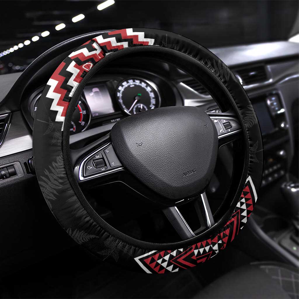 New Zealand Christmas Taniko Poutama Steering Wheel Cover Flora Map with Birds - Polynesian Pride