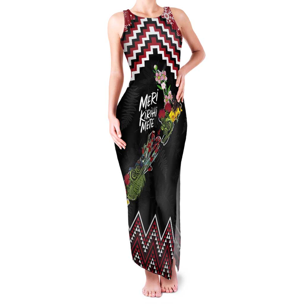 New Zealand Christmas Taniko Poutama Tank Maxi Dress Flora Map with Birds LT7 Women Red - Polynesian Pride