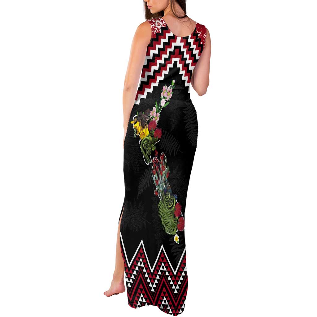 New Zealand Christmas Taniko Poutama Tank Maxi Dress Flora Map with Birds LT7 - Polynesian Pride