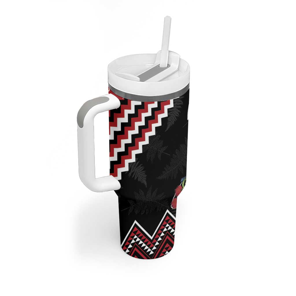 New Zealand Christmas Taniko Poutama Tumbler With Handle Flora Map with Birds - Polynesian Pride