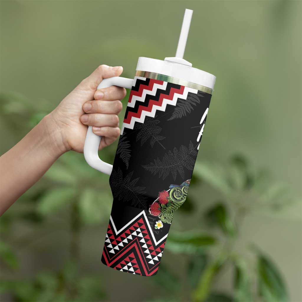 New Zealand Christmas Taniko Poutama Tumbler With Handle Flora Map with Birds - Polynesian Pride