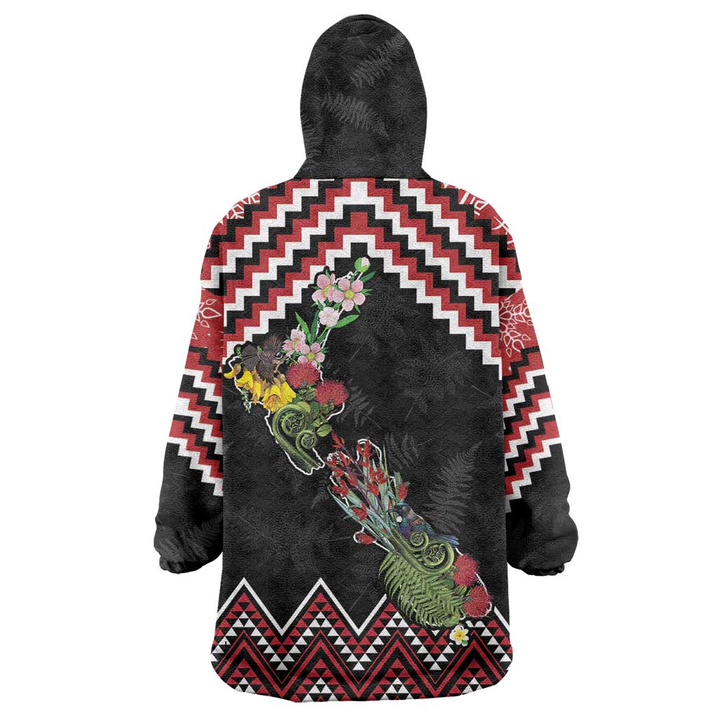 New Zealand Christmas Taniko Poutama Wearable Blanket Hoodie Flora Map with Birds LT7 - Polynesian Pride
