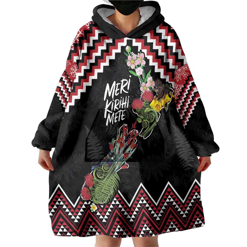 New Zealand Christmas Taniko Poutama Wearable Blanket Hoodie Flora Map with Birds LT7 - Polynesian Pride