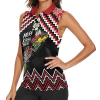 New Zealand Christmas Taniko Poutama Women Sleeveless Polo Shirt Flora Map with Birds LT7 - Polynesian Pride