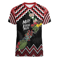 New Zealand Christmas Taniko Poutama Women V-Neck T-Shirt Flora Map with Birds LT7 Female Red - Polynesian Pride