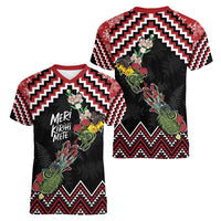 New Zealand Christmas Taniko Poutama Women V-Neck T-Shirt Flora Map with Birds LT7 - Polynesian Pride