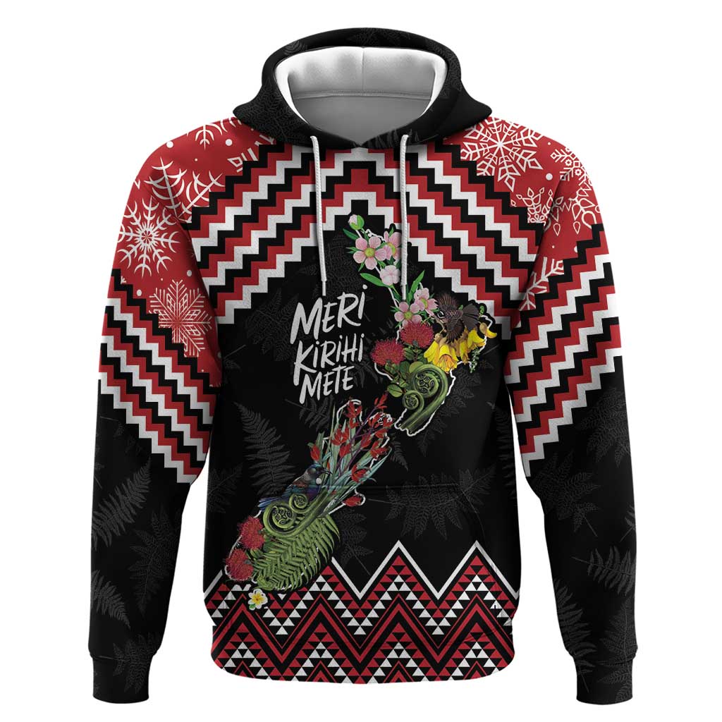 New Zealand Christmas Taniko Poutama Zip Hoodie Flora Map with Birds - Polynesian Pride