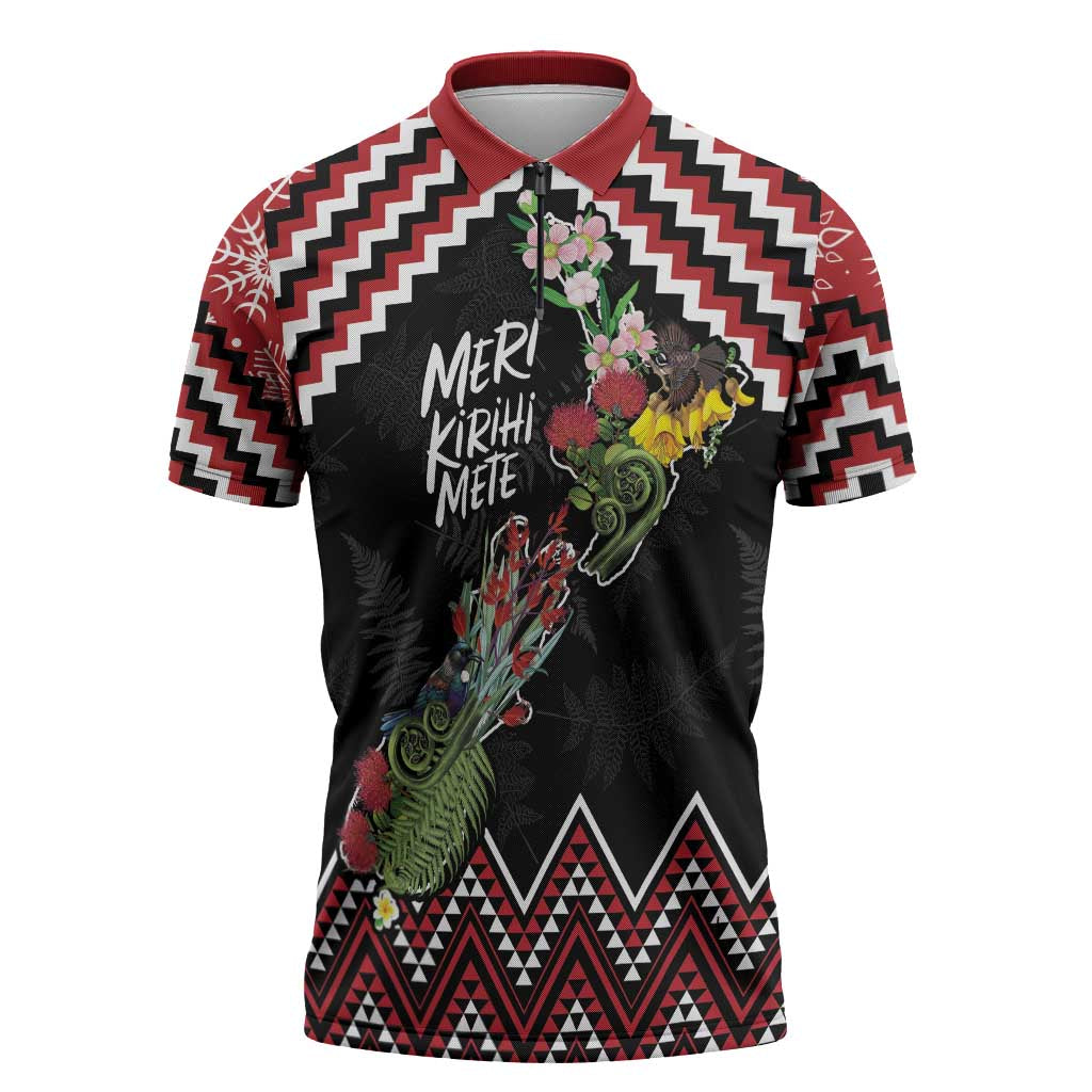 New Zealand Christmas Taniko Poutama Zipper Polo Shirt Flora Map with Birds LT7 Red - Polynesian Pride