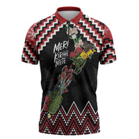 New Zealand Christmas Taniko Poutama Zipper Polo Shirt Flora Map with Birds LT7 Red - Polynesian Pride