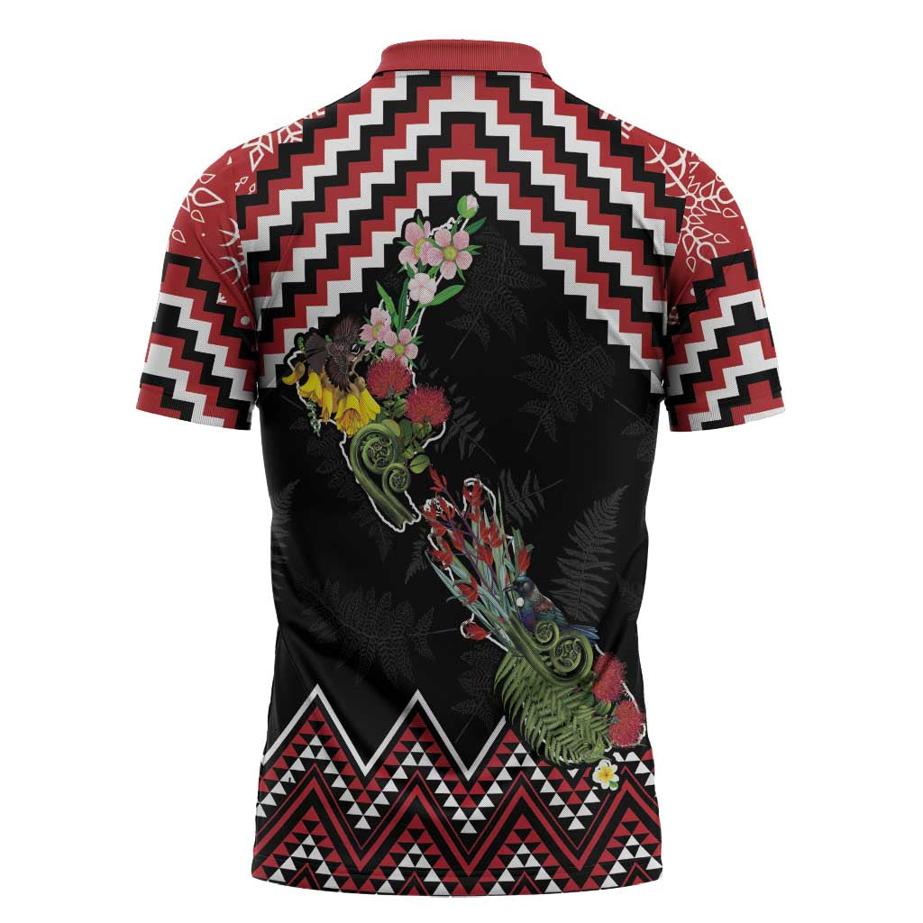 New Zealand Christmas Taniko Poutama Zipper Polo Shirt Flora Map with Birds LT7 - Polynesian Pride