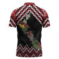New Zealand Christmas Taniko Poutama Zipper Polo Shirt Flora Map with Birds LT7 - Polynesian Pride