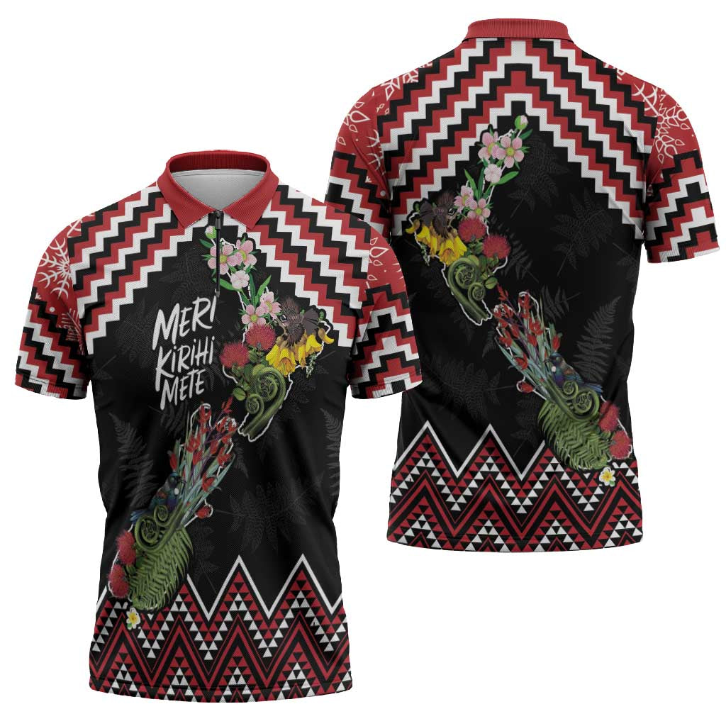 New Zealand Christmas Taniko Poutama Zipper Polo Shirt Flora Map with Birds LT7 - Polynesian Pride