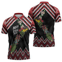 New Zealand Christmas Taniko Poutama Zipper Polo Shirt Flora Map with Birds LT7 - Polynesian Pride