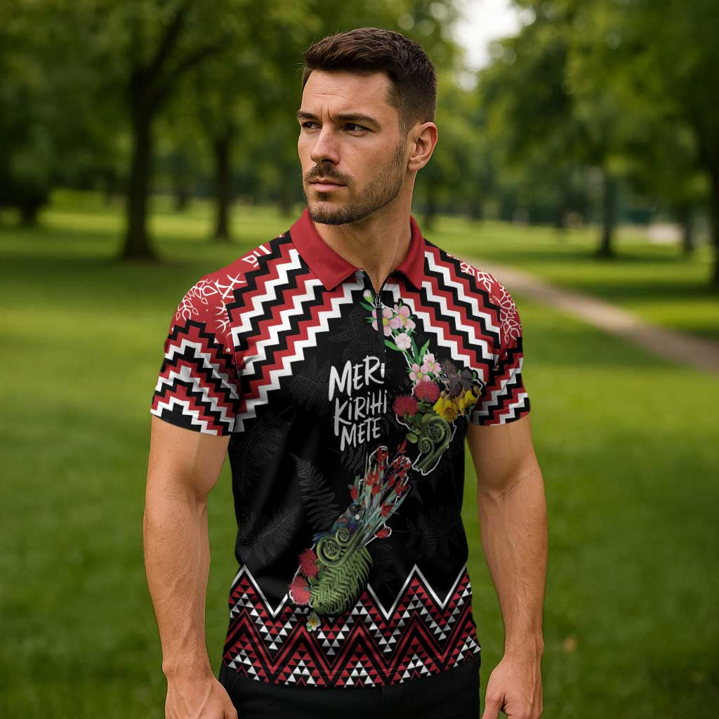 New Zealand Christmas Taniko Poutama Zipper Polo Shirt Flora Map with Birds LT7 - Polynesian Pride