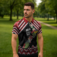 New Zealand Christmas Taniko Poutama Zipper Polo Shirt Flora Map with Birds LT7 - Polynesian Pride